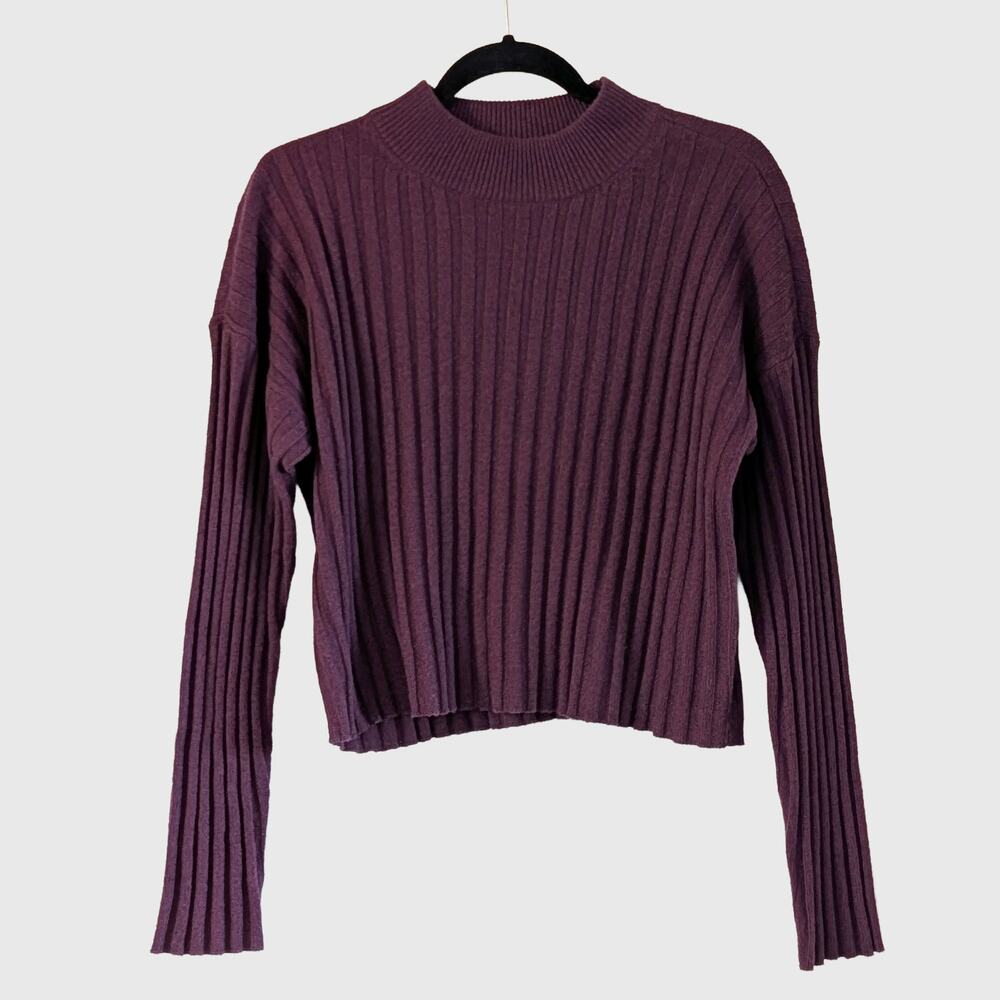 Madewell Wool Blend Rib Knit Mock Neck Cropped Sweater Plum Large